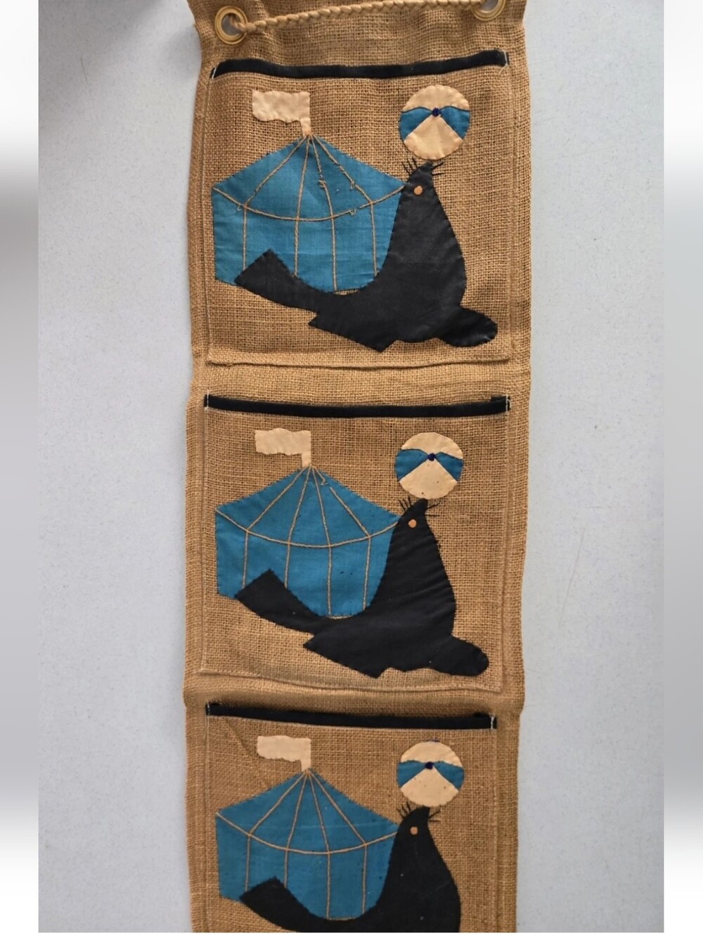 Wall Hanging Burlap Seal Storage Pockets Vintage